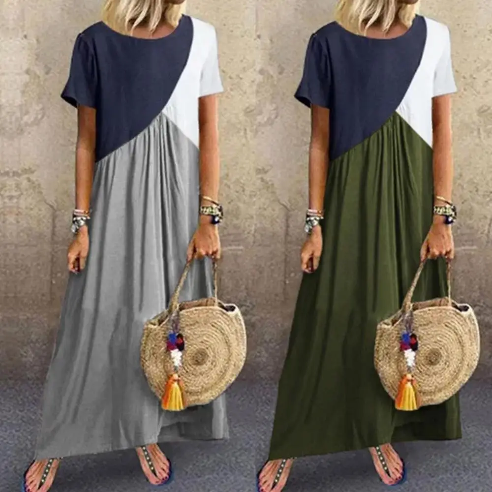 

Fashion Summer Maxi Dress Women's Round Neck Color Blocking Short Sleeve Round Neck Travel Loose Women Maxi Dress Robe Femme 5XL
