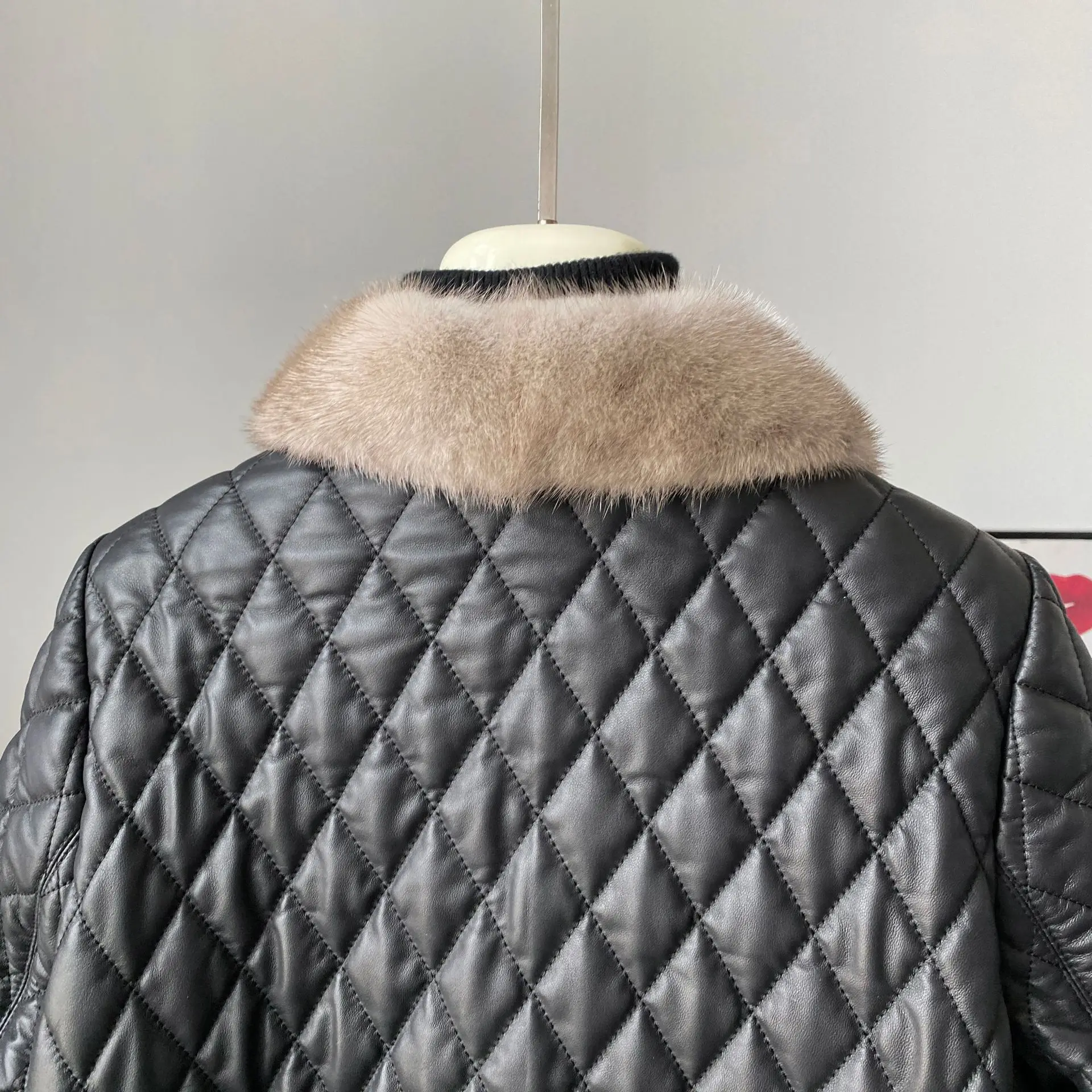 Leather mink fur collar down jacket sheep leather coat women's short enlarge