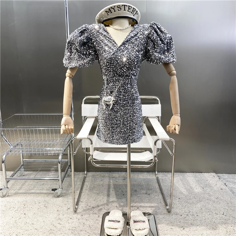 

New Brand Original Design 2021 Sexy Bubble Sleeve Sequin Slim Dress Heavy Industry Fashion V-neck Elegant Slim Dress
