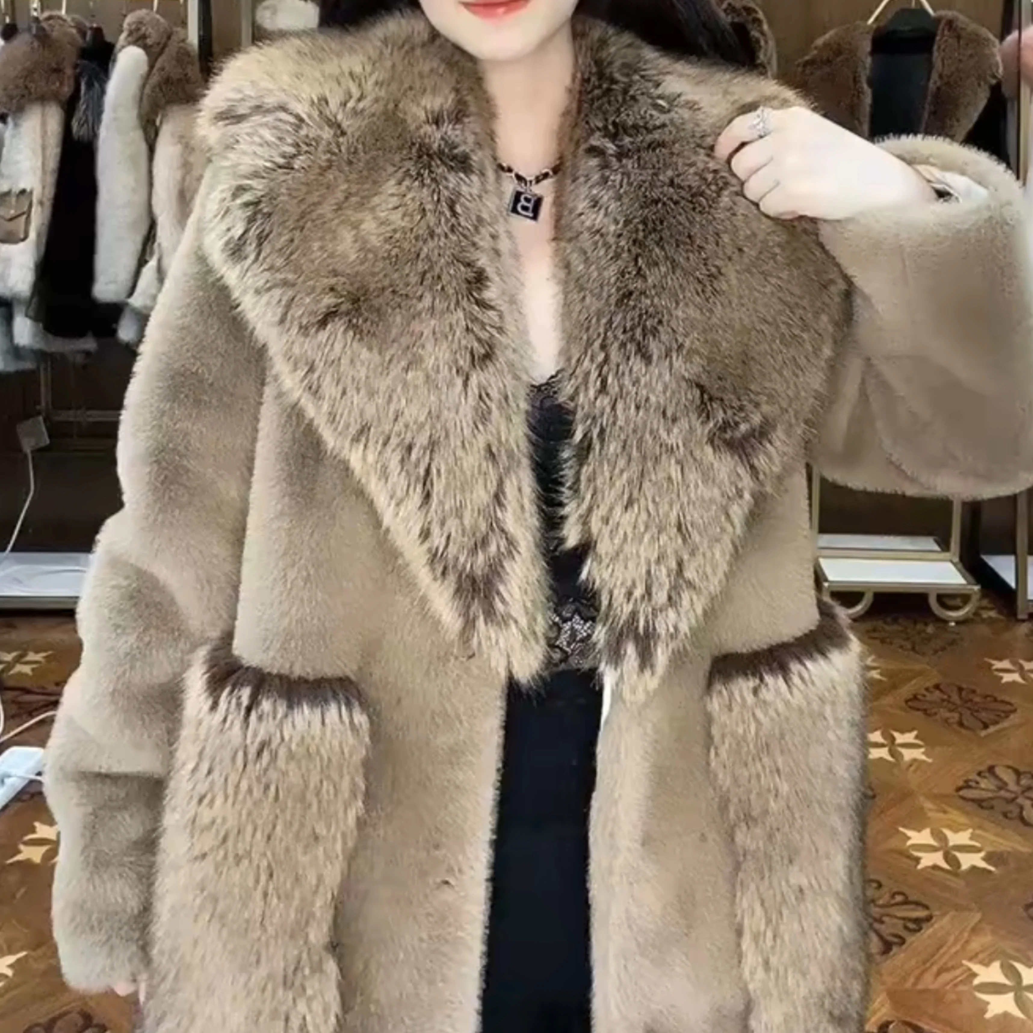 High-End Fur Long Sleeve Women Toka Double Face Wool Warm Mid-Length Coats 2022 New Winter Fashion Casual Elegant Fur Jacket