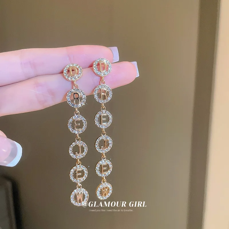 

Silver Needle Set Diamond Letter Tassel Earrings South Korea Advanced Sense Long Versatile Fashion Ol