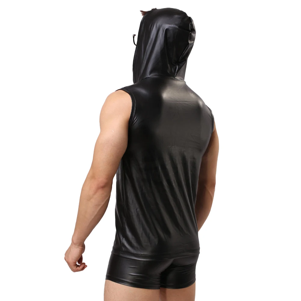 

Imitation Leather Sleeveless Vest for Men Features Hooded Design Ideal for Sauna & Weight Loss Workout Comfortable for Daily Use