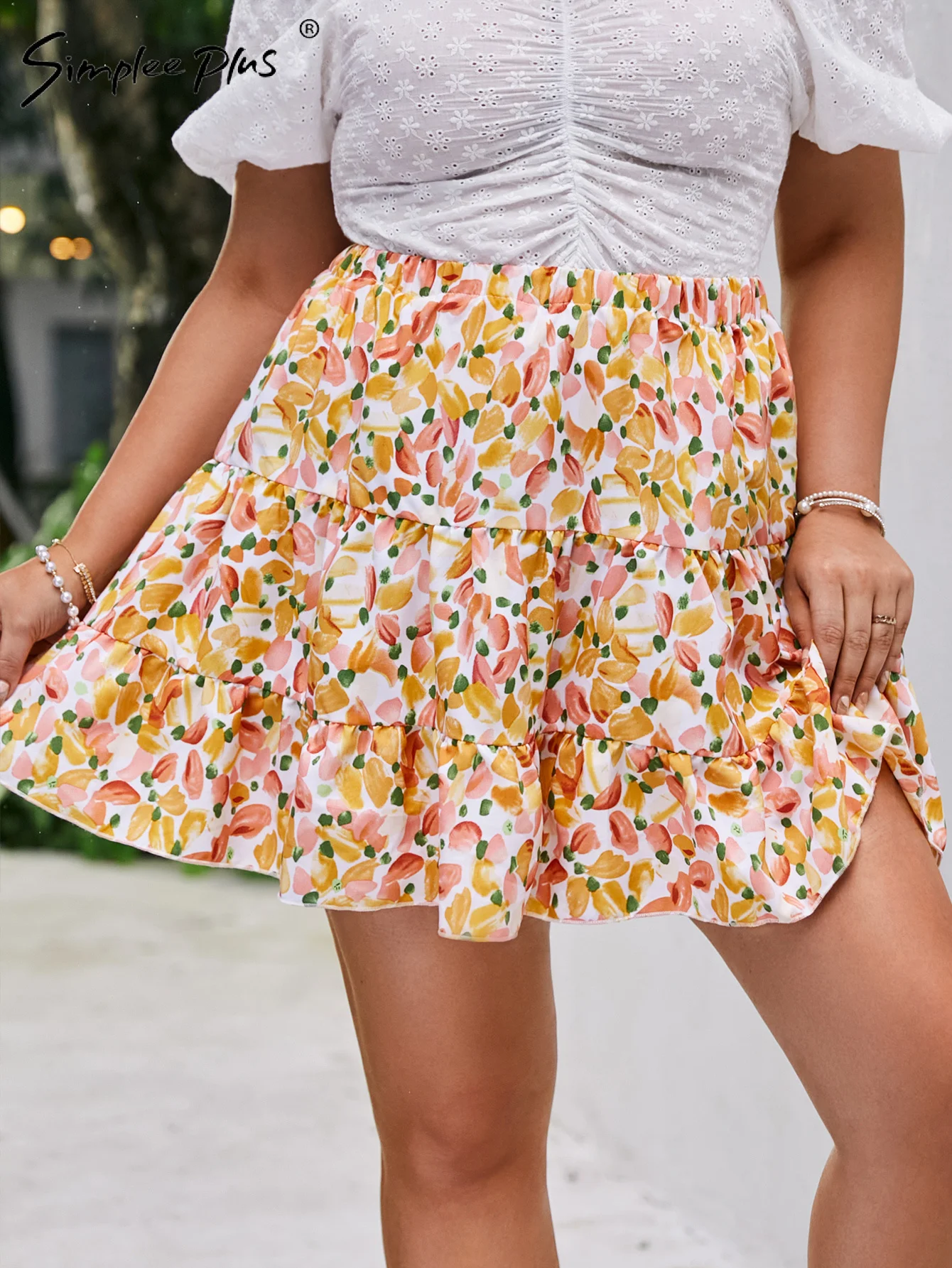 

Simplee Plus Holiday floral ruffle a-line plus size summer skirt women Casual elastic waist mini skirt A-line 4XL yellow bottoms