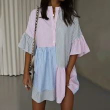 Vestido informal de manga corta con estampado de rayas en contraste para mujer, primavera y verano, 2022 (2)