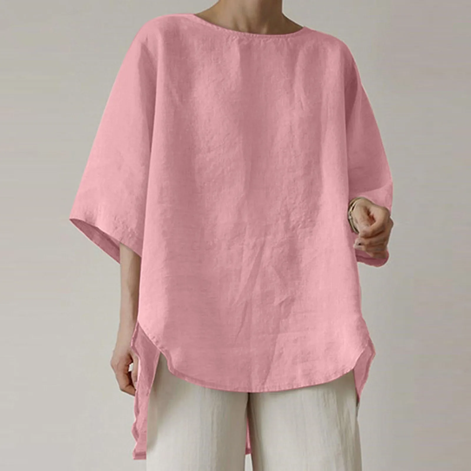 

Plus Size Fashion Cotton Linen Blouse Shirt Loose O-neck Tops Tee Casual Summer Ladies Female Women 3/4 Sleeve Blusas Pullover