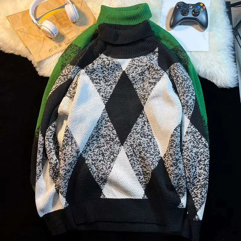 EBAIHUI Men's High Neck Sweater Loose Autumn Base Knitted Color Blocked Checkered Sweaters Long Sleeved Male's Pullover Tops