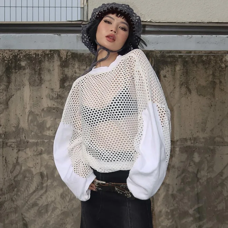 

Contrast White Y2K Streetwear Mesh Stitch T-shirt Women Pullovers Hollow Out Loose Kawaii Full Sleeve Tee Fishnet Smock