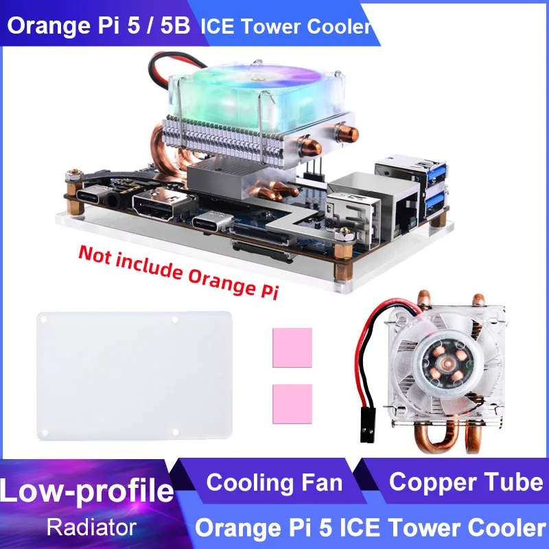 

NEW Orange Pi 5 / 5B ICE Tower Cooler RGB LED CPU Cooling Fan Copper Tube Low-profile Radiator Heatsinks for Orange Pi 5B OPI 5