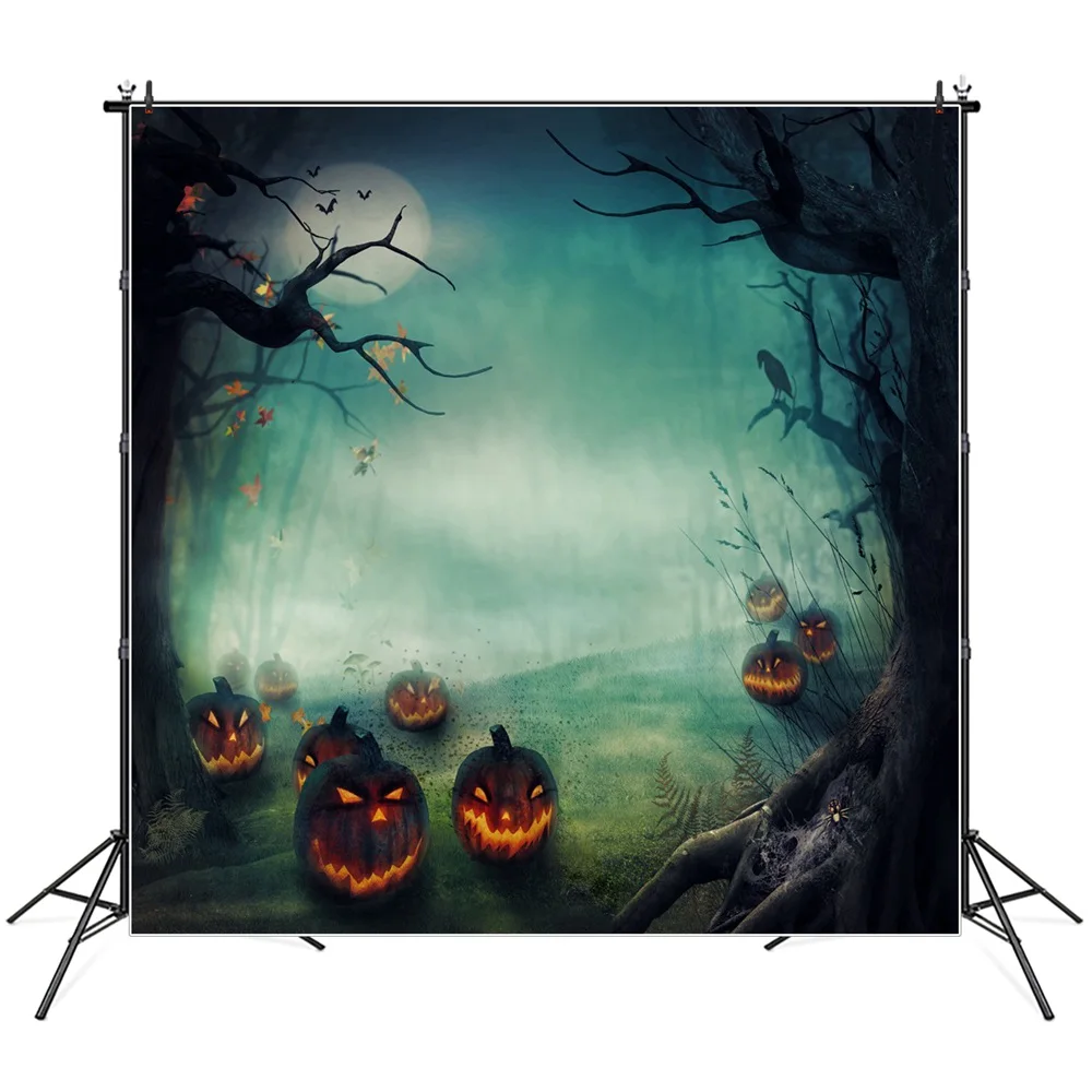 

Moon Night Fog Forest Pumpkin Lanterns Halloween Photography Backdrops Custom Baby Party Decoration Photobooth Photo Backgrounds