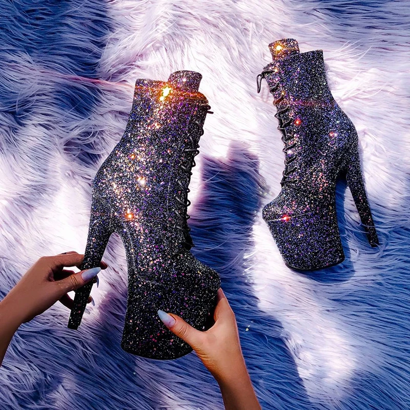 Sequins ultra-high heel nightclub sexy 20cm pole dance boots laced with large size bar waterproof platform Stripper Heels Fetish