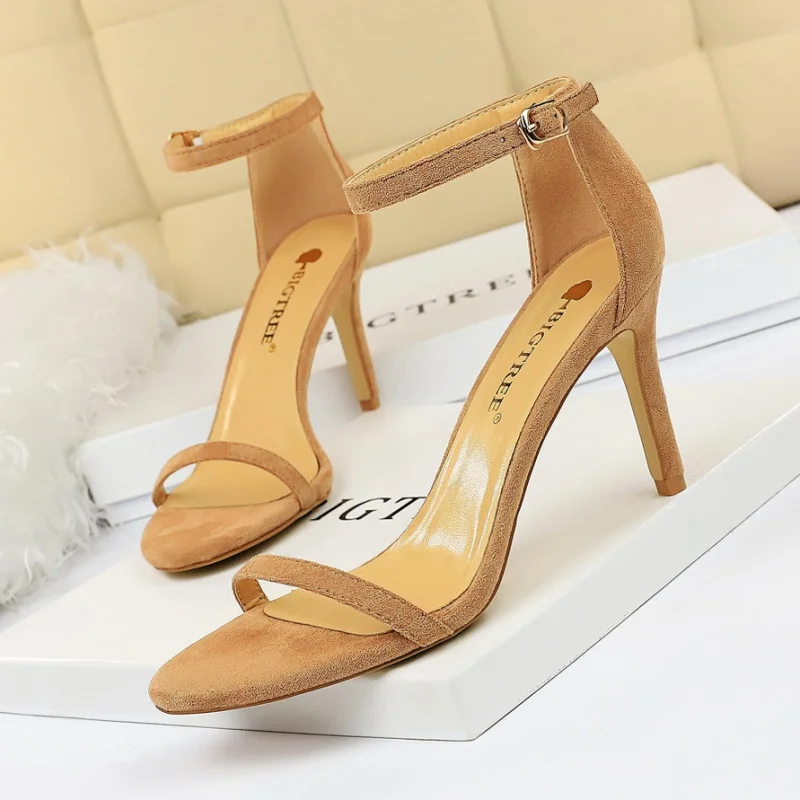 

126-a9 Fashionable Simple Stiletto Heel Suede Peep Toe One Strap Sexy Nightclub High Heels Women's Sandals