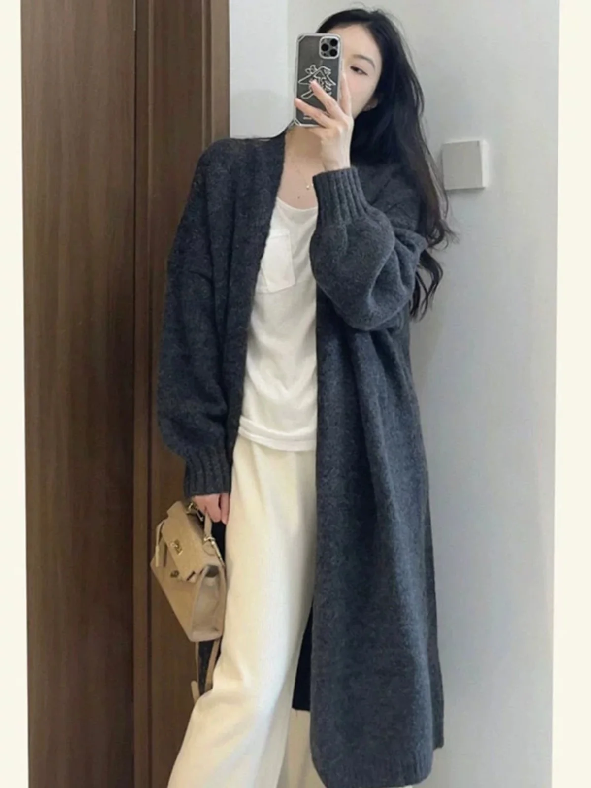 Серая корейская серия Idle Sle Мягкий клейкий свитер средней длины Верхняя одежда