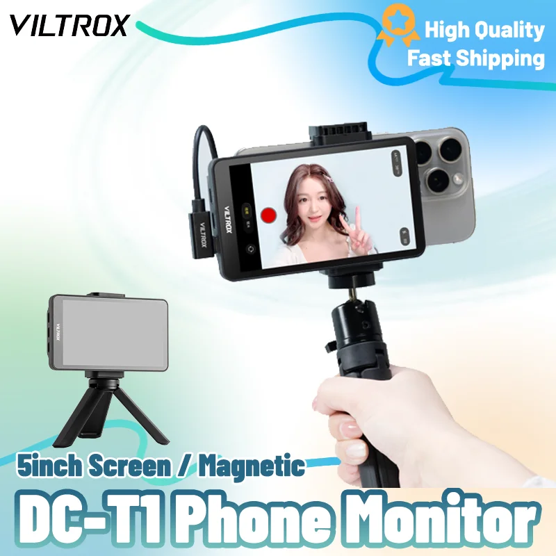 Фото VILTROX DC-T1 Профессиональный монитор для телефона, 5-дюймовый сенсорный экран в реальном времени, универсальный, для видеоблогов и селфи, магнитный, Type-C №1