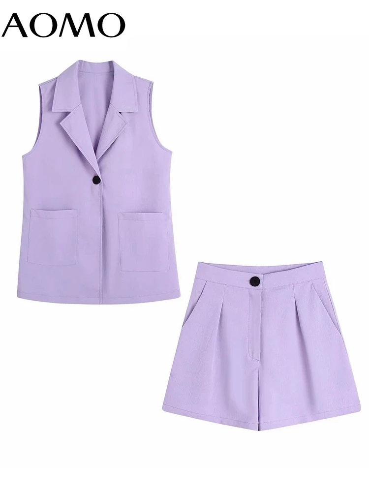 

AOMO Women's Set Purple Waistcoat Shorts Suit Skirt Set 2022 Fashion Suit 2 Piece Set CE137A