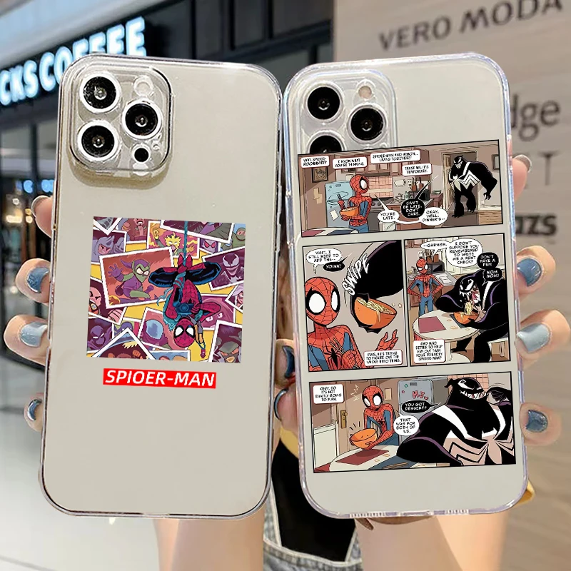 

Cartoon Spiderman Comics For iPhone 13 12 11 Pro 12 13 Mini X XR XS Max 6 6s 7 8 Plus Clear Phone Case TPU Cases Cover Back