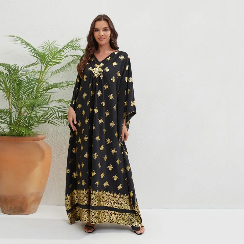 Muslin Dress Abaya With Bat Sleeves Summer Gilded Oversized Long Dress Loose Fitting Casual Robe Dress Dubai Islam Saudi Arabic