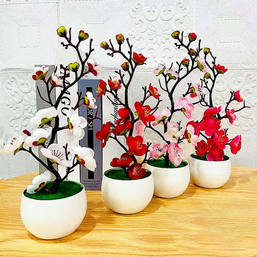 

1pcs Bonsai Silk Flowers Plum Artificial Potted Plants Blossoms Simulation Winter Plum Branch Bonsai Wedding Home Room Decorate