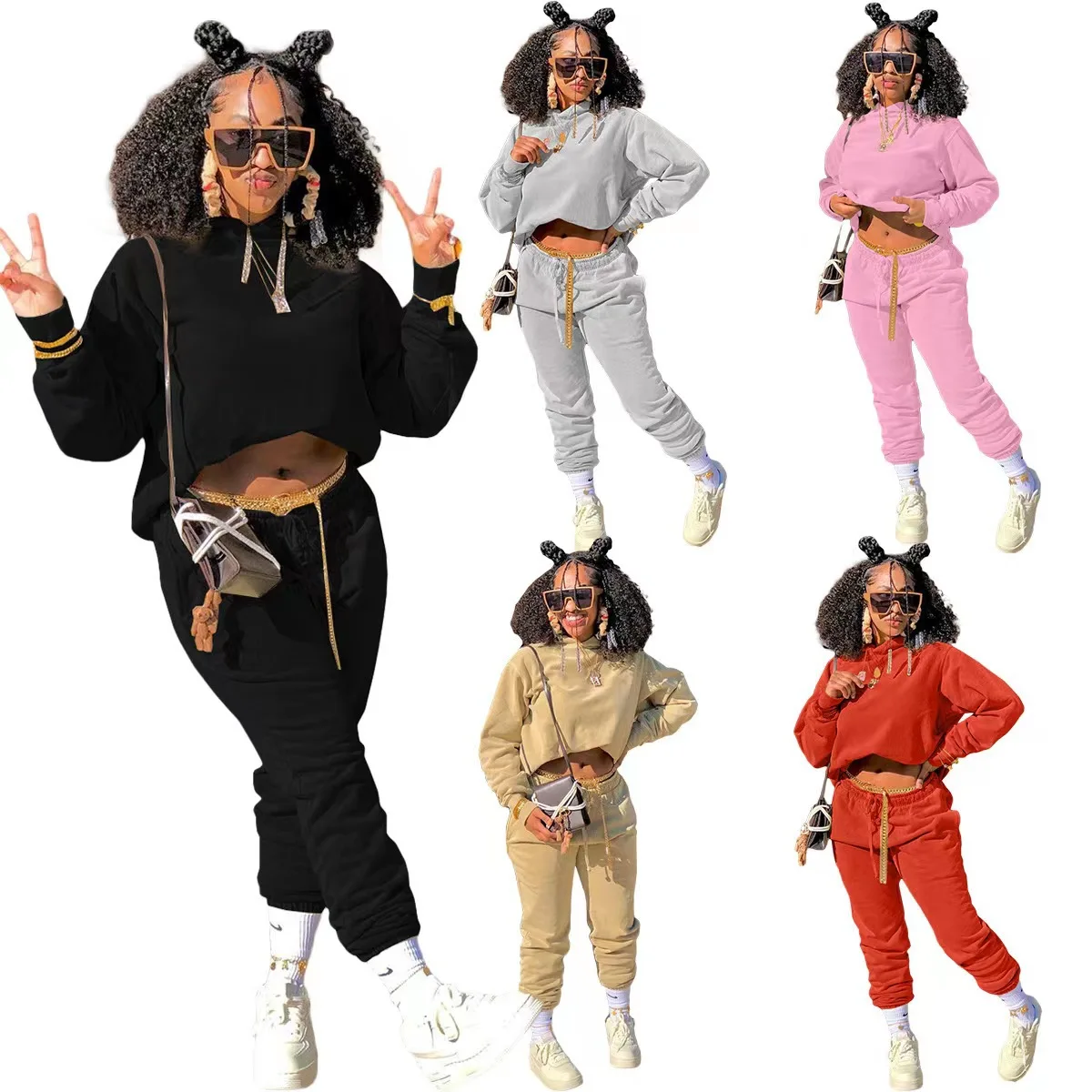 

Fashion Crop Top 2 Piece Set Winter Hoodie Sweatsuits Plain Tech Fleece Sweatsuit Women Pullover Sweatshirts Joggers Pant Sets