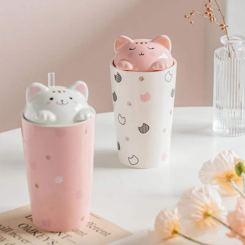 

Cat Mugs Coffee Cups Kawaii Ceramic Cups With Lid Straw Large Tea Milk Water Breakfast Cup Drinkware Birthday Gift 480ml