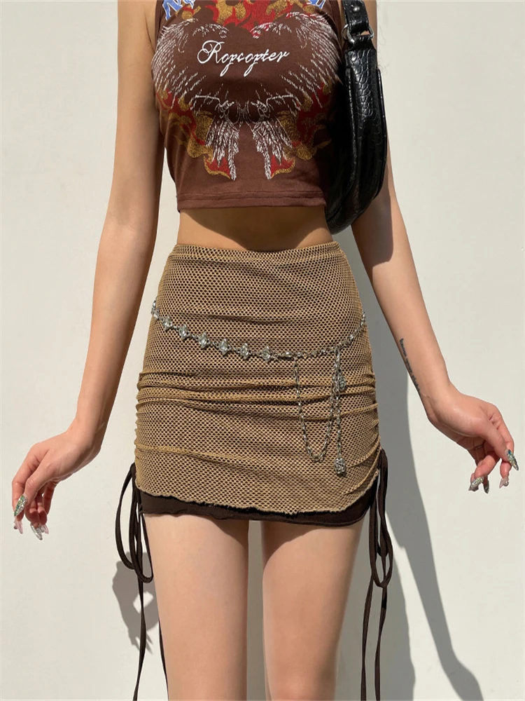 

Women Y2K Fishnet Mini Skirt Sexy Mesh Double-Layered Side Drawstring Tie-Up Bodycon Hip Skirt E-girl Streetwear (no chain)