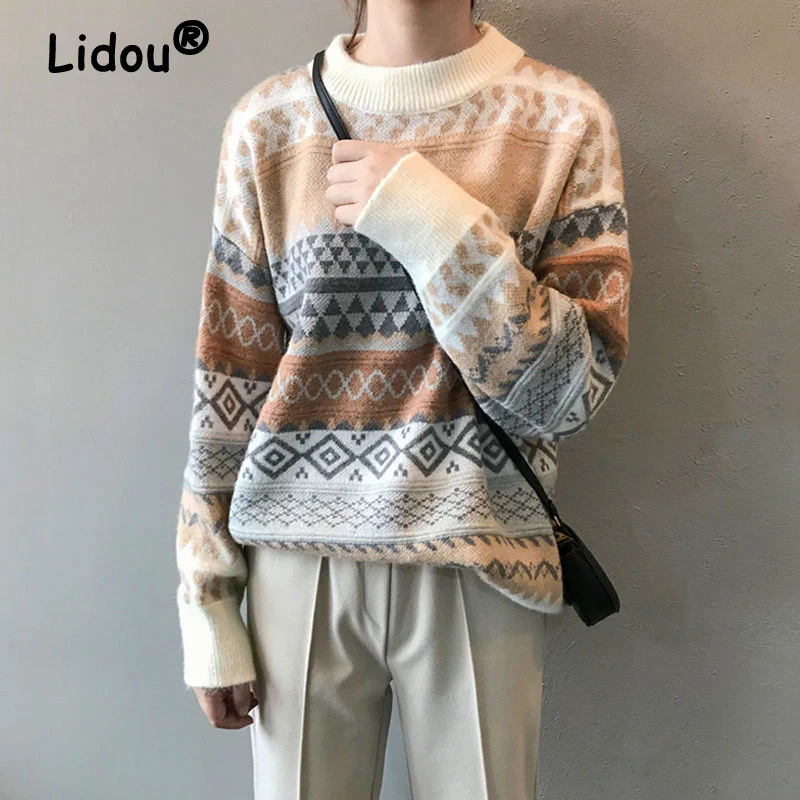 

Vintage Argyle Casual Simple Loose Streetwear Outewear Knitted Sweater Women Autumn Winter Thick Long Sleeve Pullovers Clothing