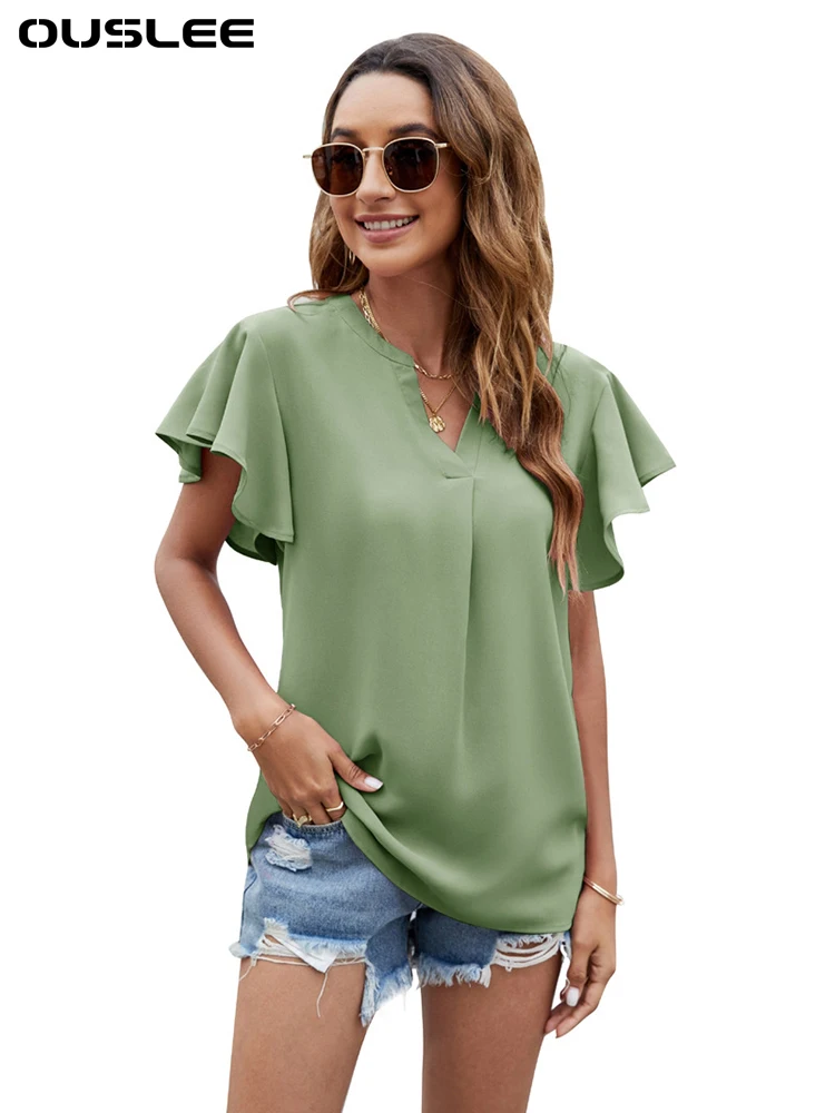 

Summer Women Blouses V-neck Pure Color Ruched Flying Short Sleeve Casual Top Chiffon Shirt Elegant Loose Pullover Blusa Mujer
