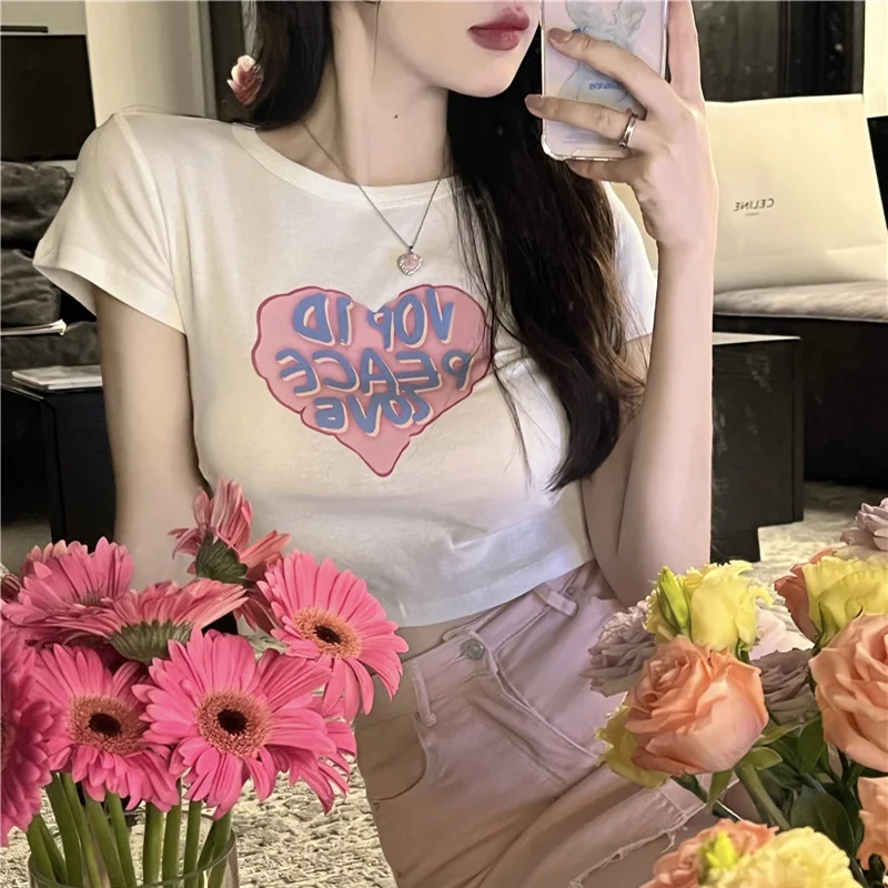 

Summer Kawaii Heart Print T-Shirt Female Aesthetic Harajuku Crop tops Streetwear Skinny Tees USA Gothic Sexy Short Navel Tops