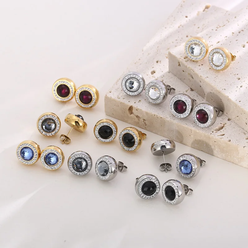 

Muticolor Shining Zircon Round Small Stud Earrings For Women Gold Silver Color Stainless Steel Stone Eardrops French Jewelrylr