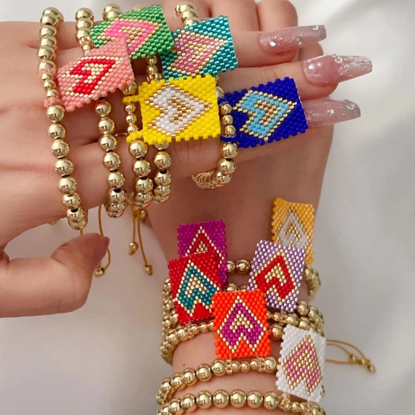 

Gold Plated Ball Beaded Bracelets Miyuki Heart Accessories Handmade Stretch Waterproof Summer Jewelry for Women Teen Girl Gift
