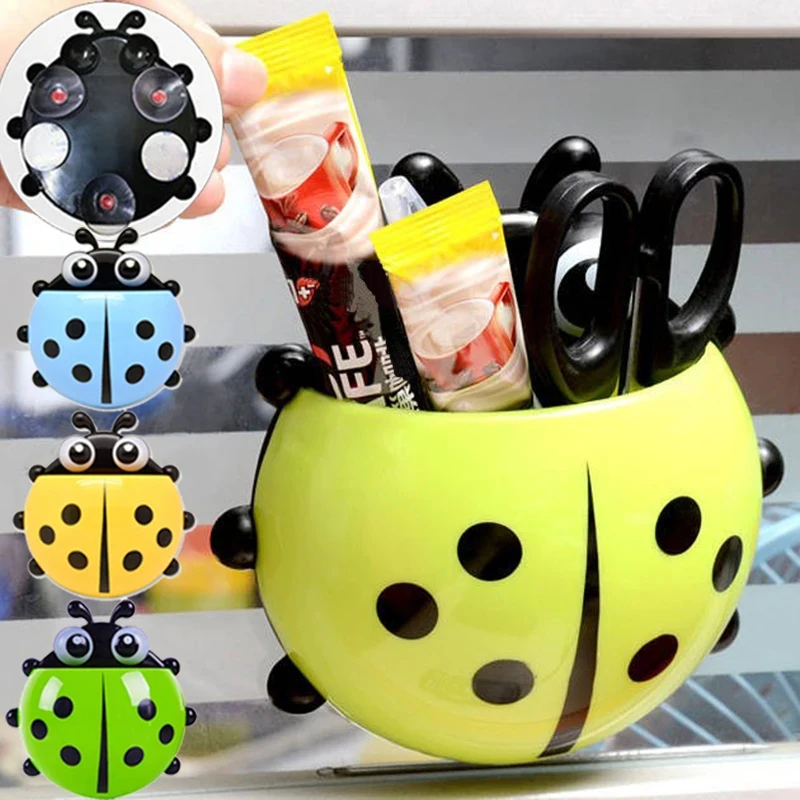 

Cartoon Ladybug Toothbrush Holder with Suction Cup Wall Mounted R Shelf Household Toothbrush Toothpaste Container Organizers