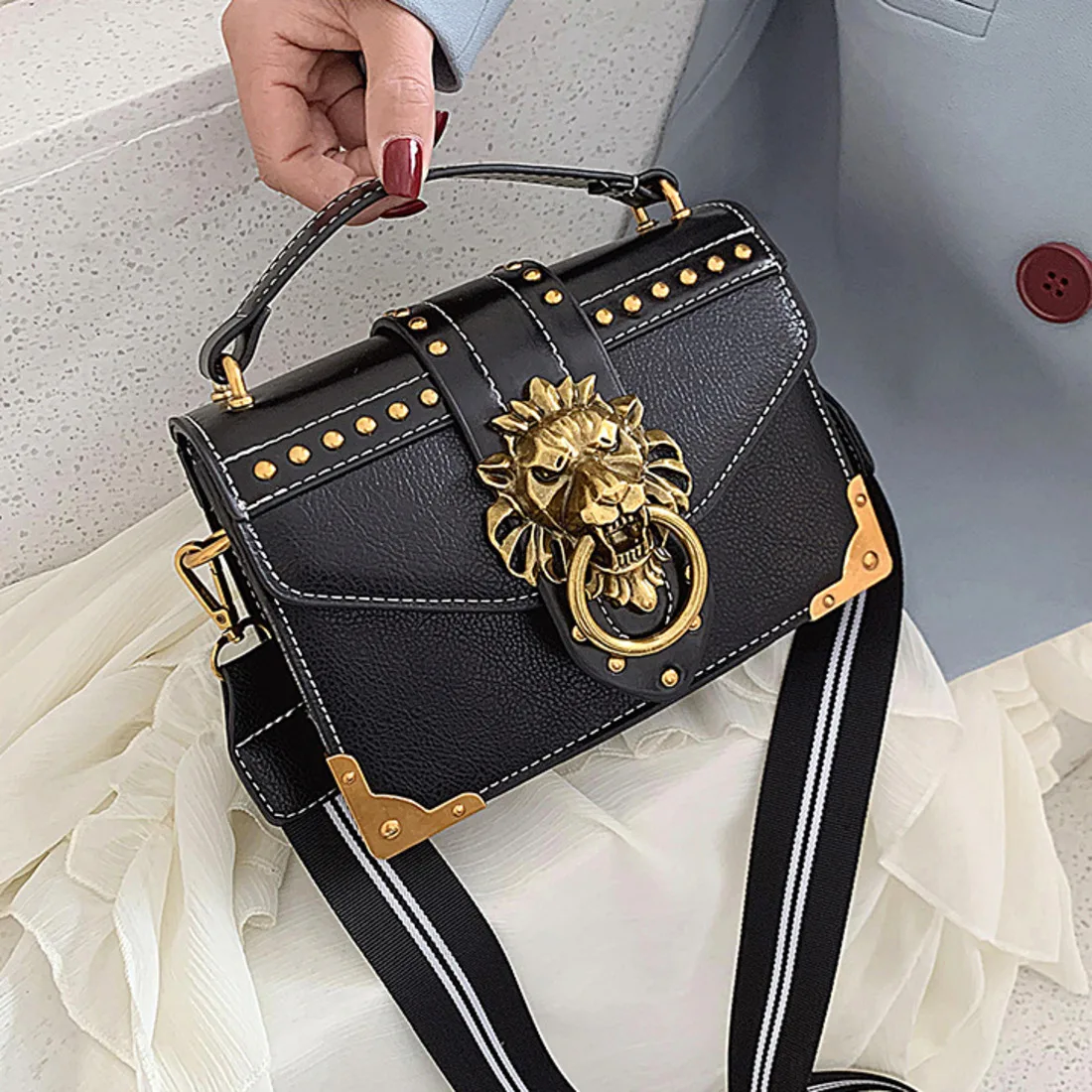 

Female Fashion Handbags Luxury Girls Crossbody Bags Tote Woman Metal Lion Head Brand Shoulder Purse Mini Square Messenger Bag