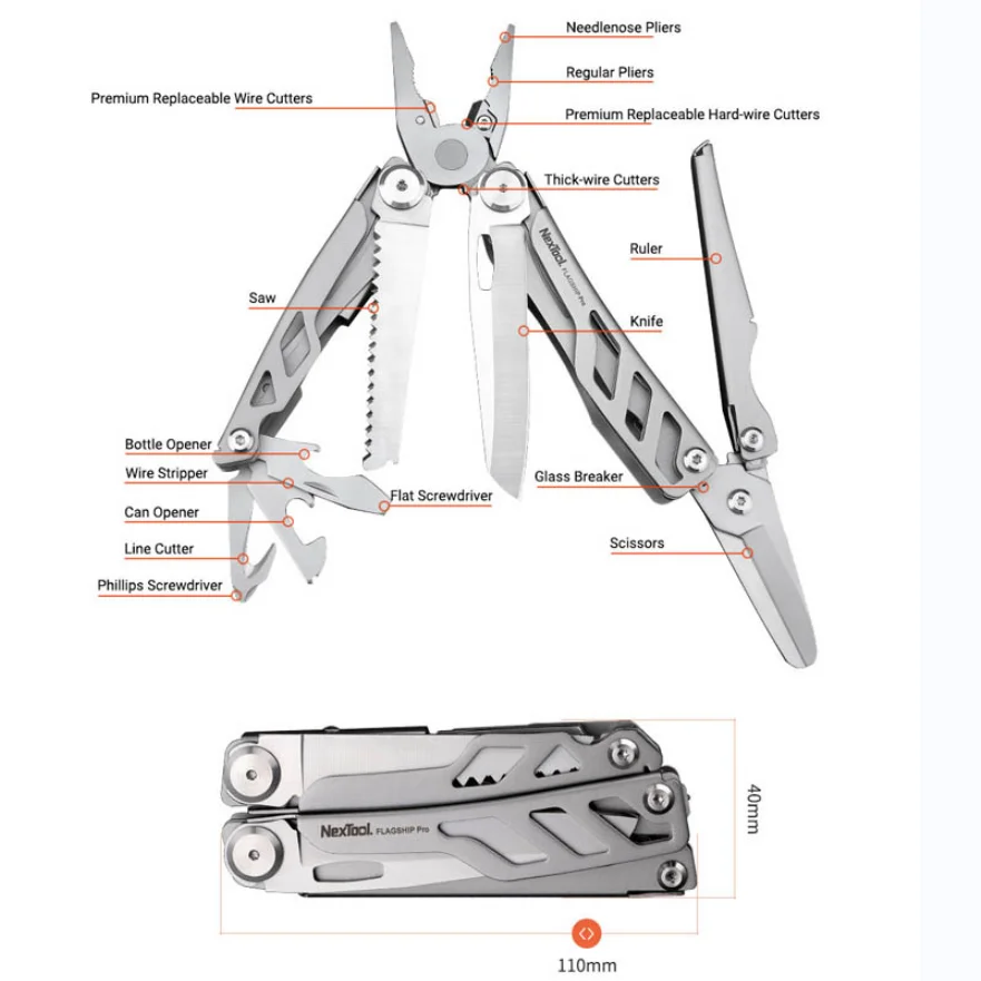 

Silver NexTool Flagship Pro NE0104 EDC Outdoor Hand Set 16 IN 1 Multi-Tool Pliers Folding Knife Screwdriver Can Opener