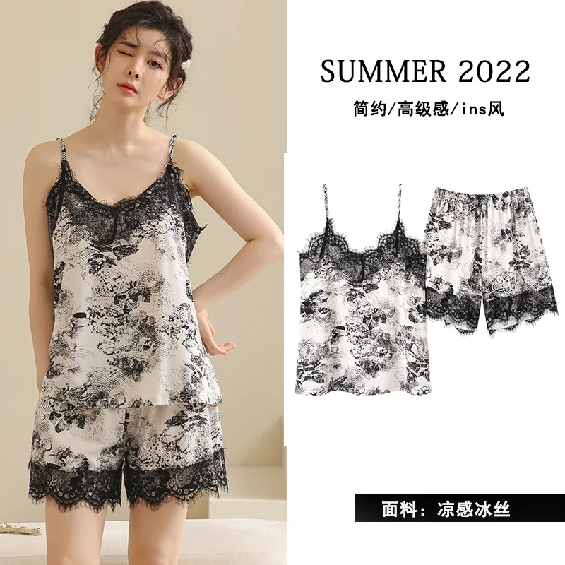 Retro 2pcs Pajama Set Women Printed Sleeveless Sexy V-neck Lace Sling Top Shorts Home Wear Two Piece Set Summer Woman Sleepwear