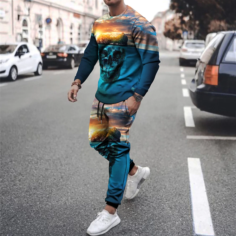 

2021 Autumn New Men's T-shirt Suit 2 Pieces Sets Men's Sportswear Suit Basketball Sweter Long Sleeved Sweatshirt Mens Suits