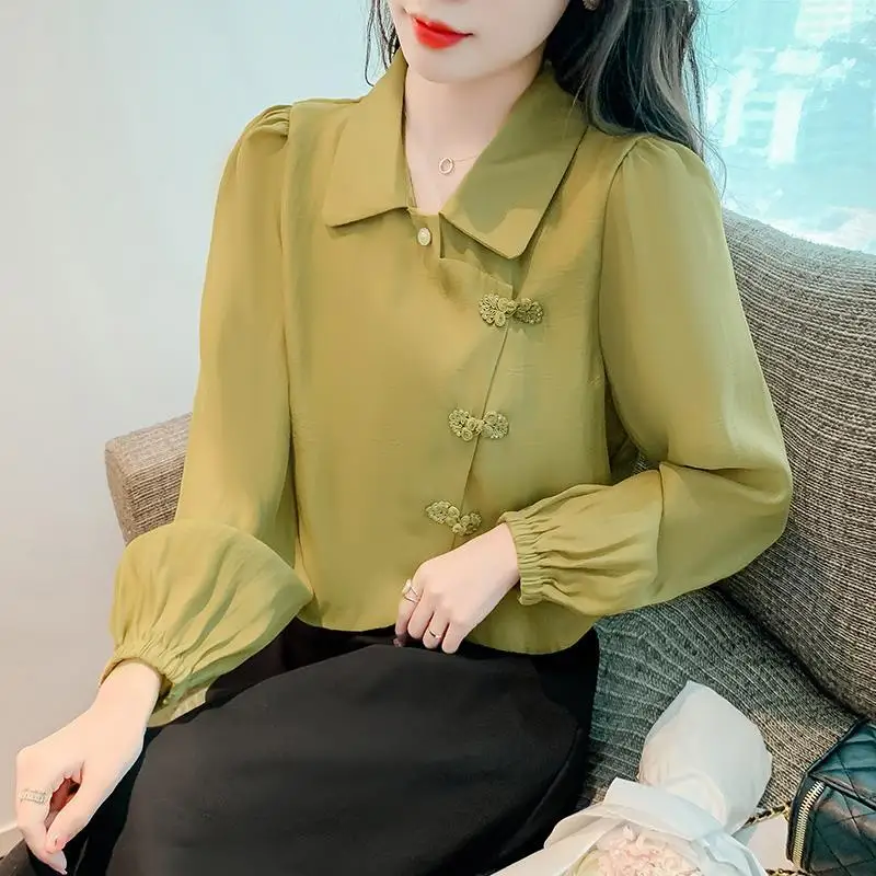 

Vintage Knot Button Shirt Women Spring Top Fashion Turn-down Collar Long Sleeve Apricot Blouse Woman Casual Cardigan Loose Tops