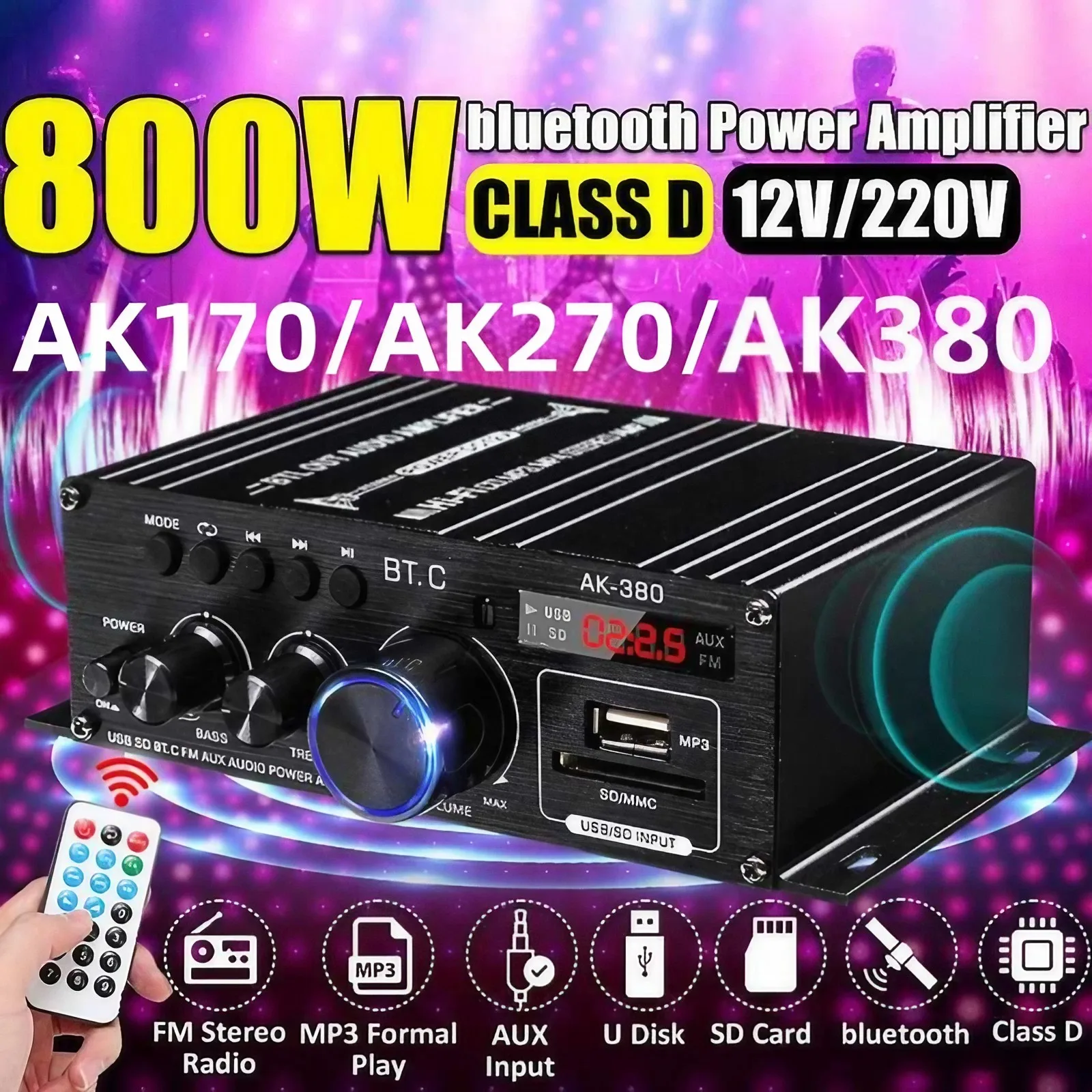 

AK35/170/270/370/380 аудио усилители 2 канала Bluetooth 5,0 объемный звук FM USB Дистанционное управление Hi-Fi Цифровой стерео усилитель