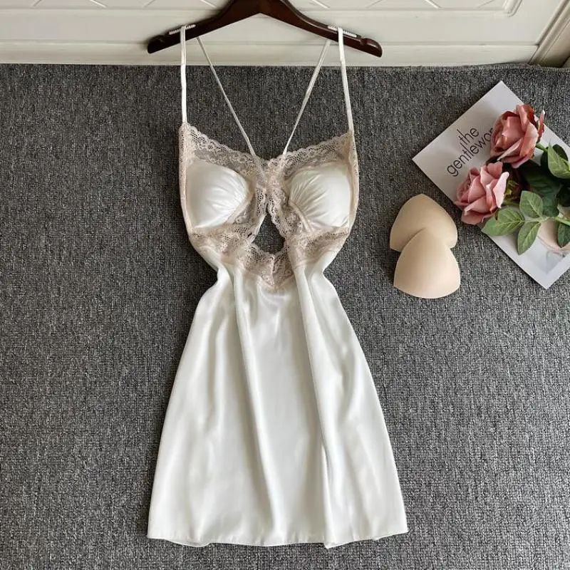 

White Backless Satin Nightdress Womens Sexy Lace Nightgown Suspender Strap Sleepdress V-Neck Summer Short Sleepwear Nighty Gown