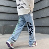 new hip hop letter printing jeans for men high street blue black jeans homme loose straight hearts pants moto trouse