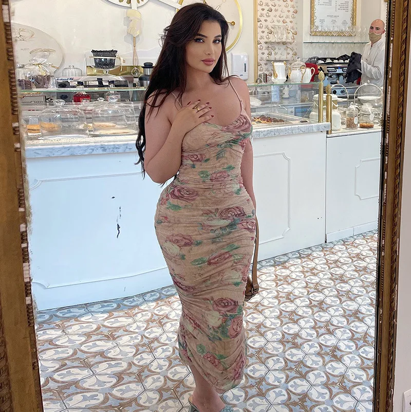 

Женское летнее облегающее платье на бретелях-спагетти, модное облегающее платье без рукавов с цветочным принтом, плиссированное длинное пл...