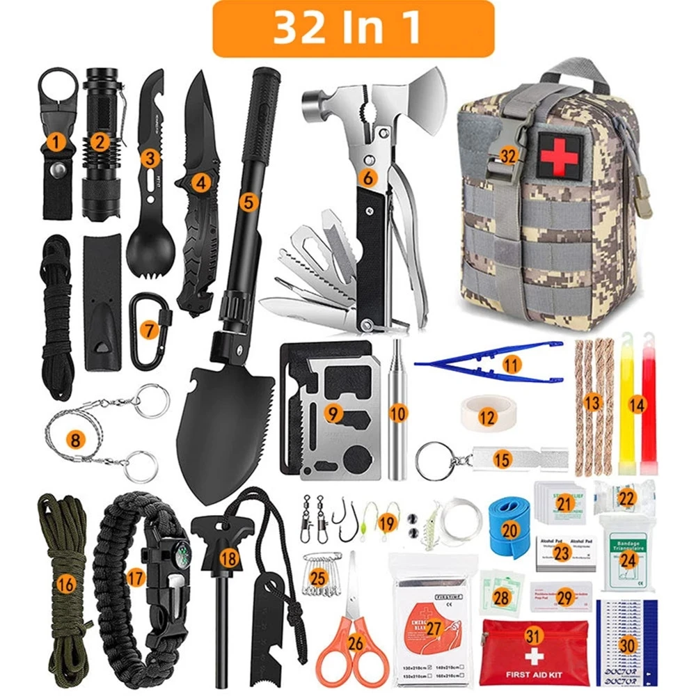 

Outdoor Adventure Hiking Camping Survival Kit 32 In 1 Wildlife Tools Pack Tactical Equipment and accessories