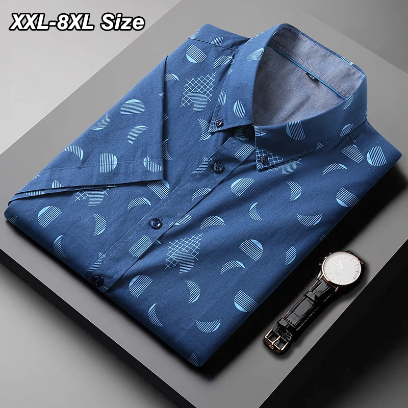 100% Cotton Floral Men's Short Sleeve Shirt Plus Size 7XL 8XL Fashion Print Summer Thin Loose Casual Shirt Dress Brand Clothing