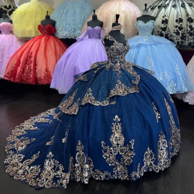 Quinceanera Dresses Floor Length Beaded Navy Blue Sweetheart Caped Sleeves Customized Ball Gown Vestidos De 15