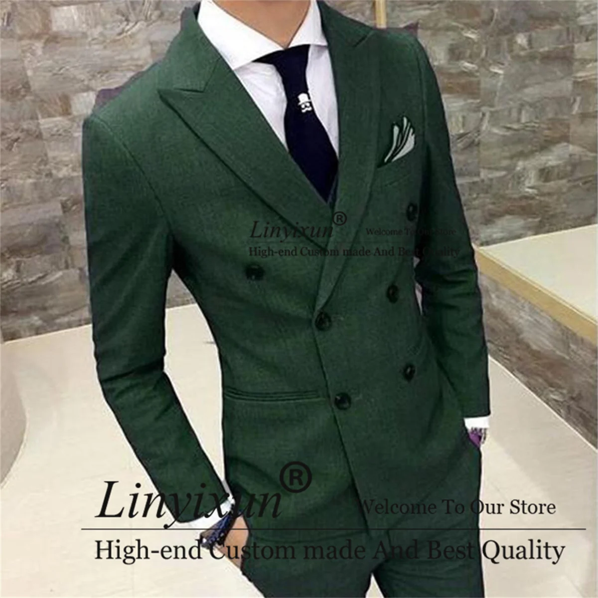 Green Double Breasted Men Suits Slim Fit Peaked Lapel Groom Tuxedo for Wedding 2 Pieces Fashion Groomsmen Prom Blazer Sets