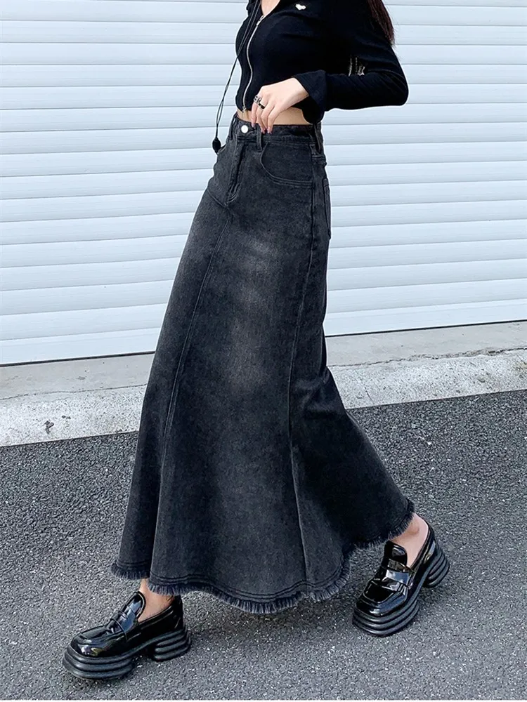 GUUZYUVIZ Casual Loose Tassel Long Women Denim Skirts Autumn Winter Vintage HIgh Waist Pocket Female Jeans Skirts images - 6