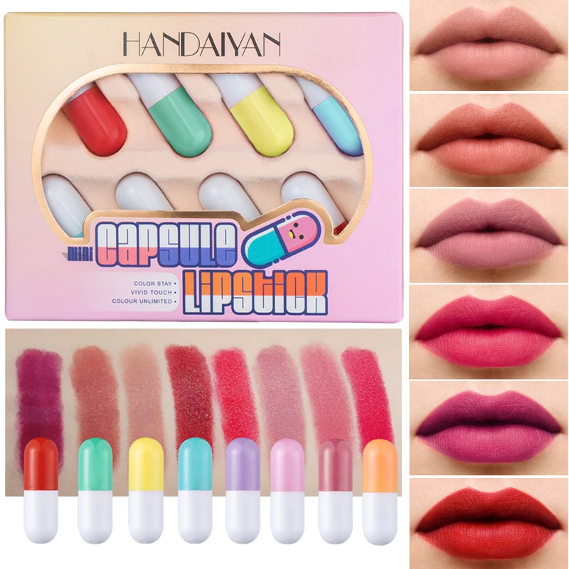 

HANDAIYAN Mini Capsule Lipstick 8 Color Set Red Matte Lip Makeup Korean Kawaii Tube Cosmetic Waterproof Long Lasting Lip Tint