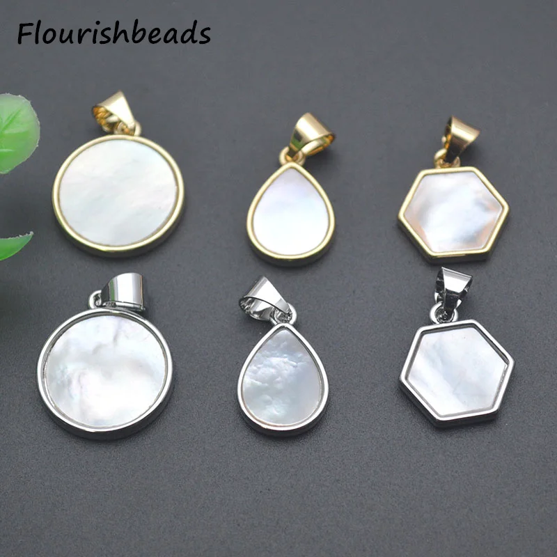 

Wholesale Anti Fading 18k Gold Plated Silver Color Inlaid Natural Mop Shell Geometric Round Hexagon Waterdrop Metal Charms 20pcs