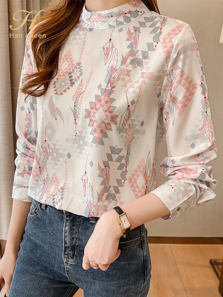 

Корейские Базовые Женские топы H Han Queen с винтажным принтом, шифоновая блузка с длинным рукавом, Свободная Повседневная Женская Офисная руба...
