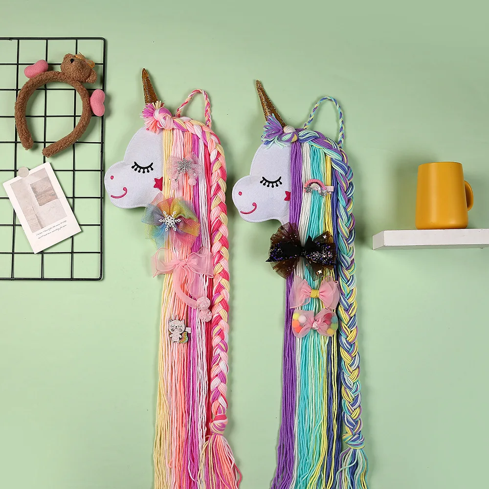 

Unicorn Accessory Felt Unicorn Hair Clip Organizer Hand-knitted Rainbow Tassel Girls Room Interior Wall Decoration Pendant