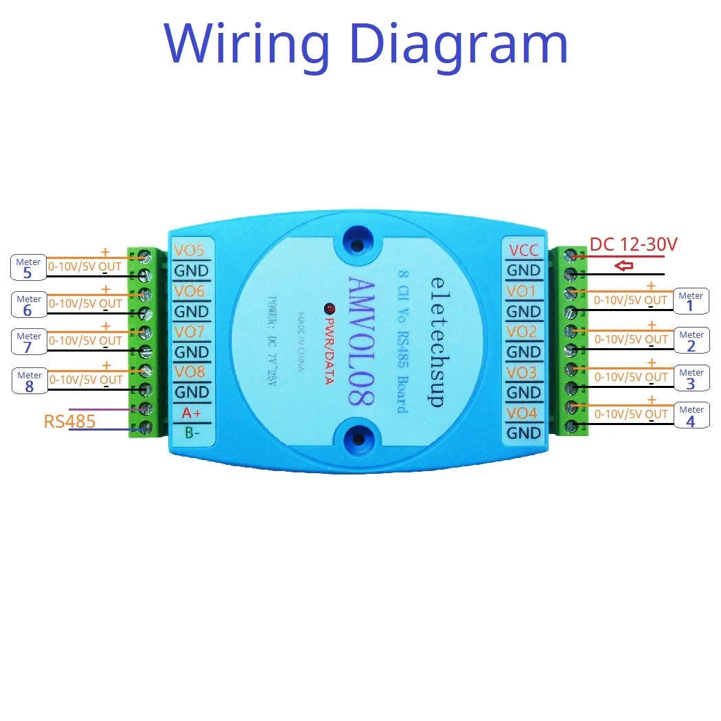 

8-канальный аналоговый выход 0-10 в 0-5 в AO Модуль RS485 Modbus RTU к напряжению PLC Удаленная Плата расширения IO