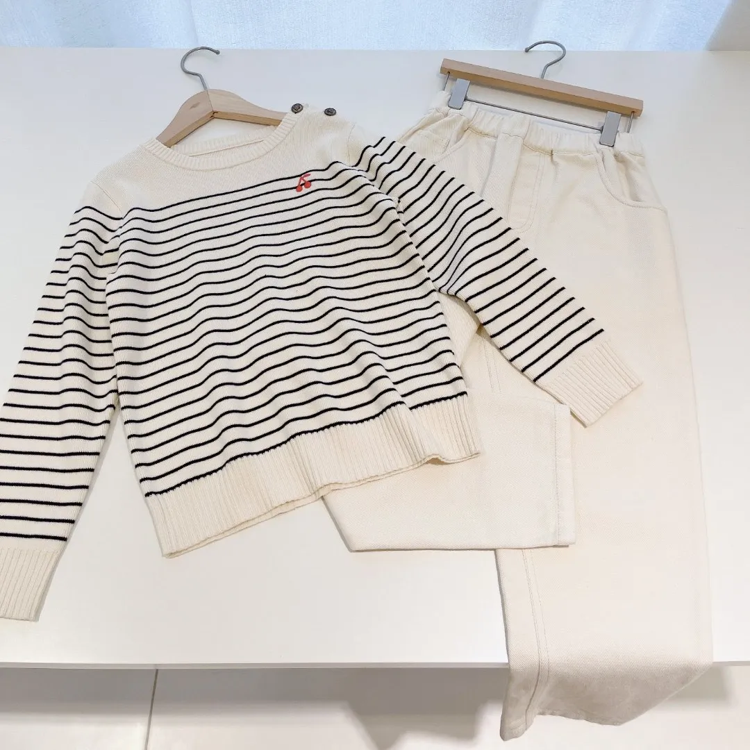 

Детский свитер, Осенний вязаный пуловер для девочек и мальчиков, простой полосатый свитер с вышивкой вишни, детская одежда